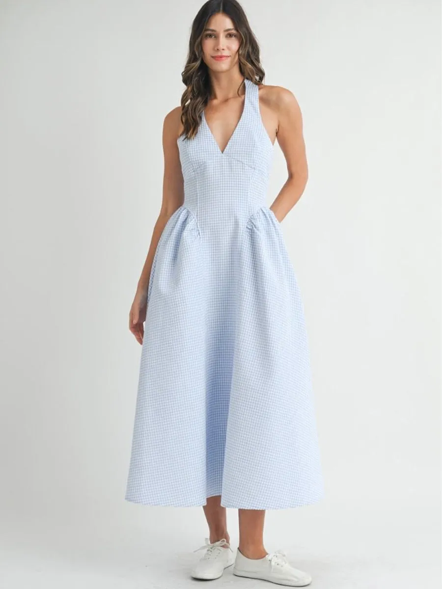 GINGHAM HALTER NECK MIDI DRESS - BLUE sold by OAK