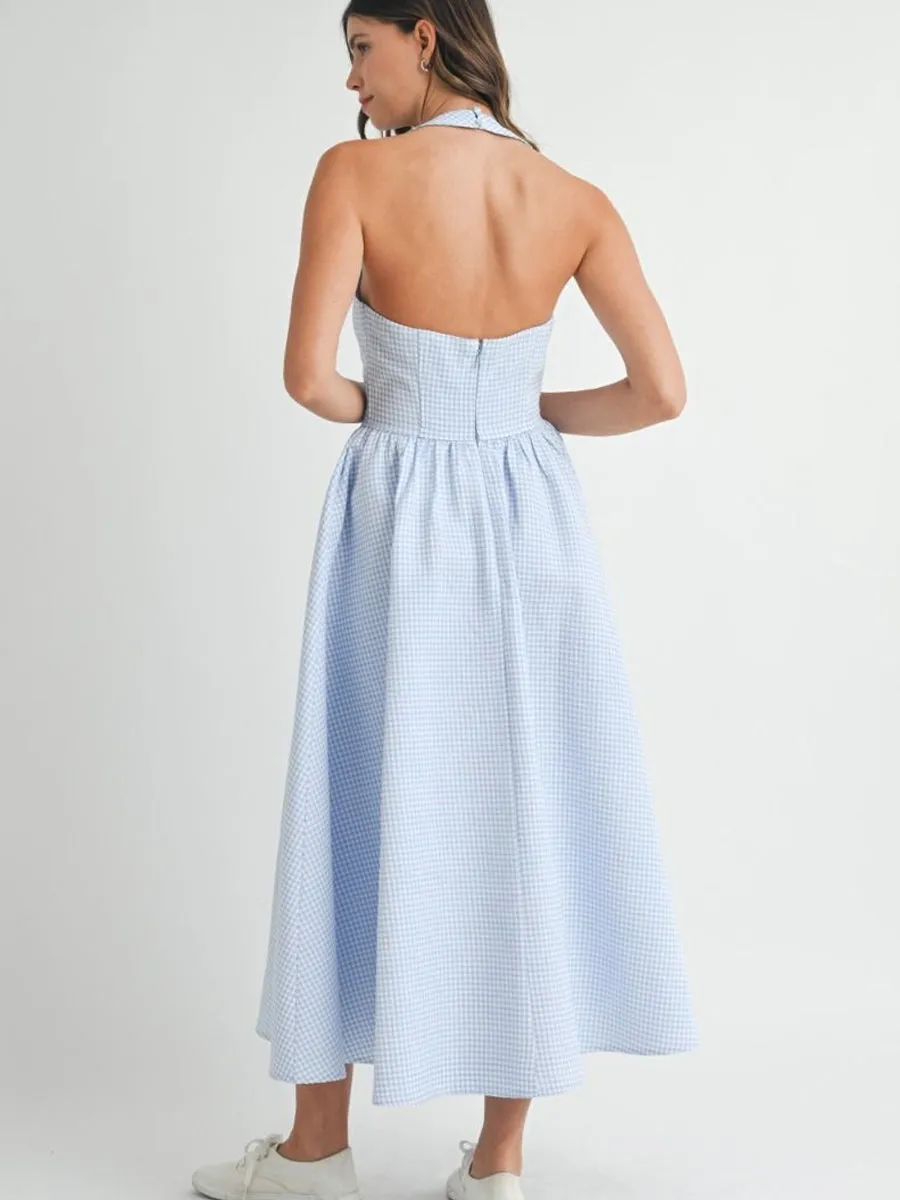 GINGHAM HALTER NECK MIDI DRESS - BLUE sold by OAK product image thumbnail 2