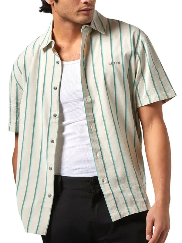BRIXTON CRU STRIPE SHORT-SLEEVE SHIRT - BEIGE/PINE NEEDLE made by Brixton