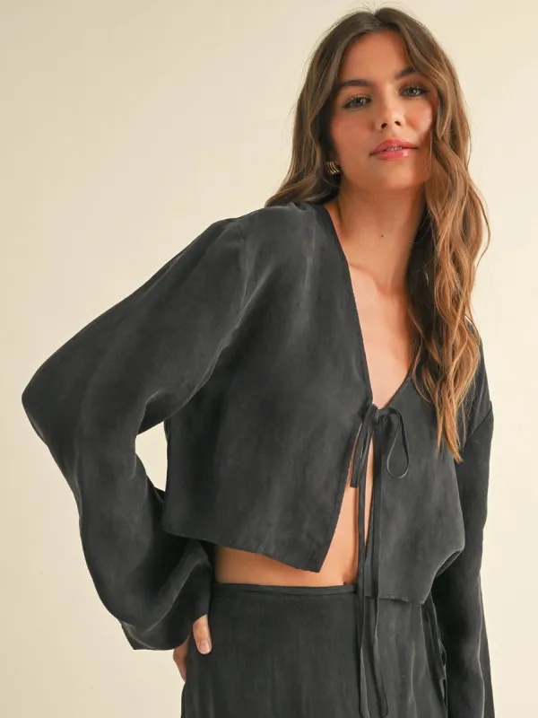 VISCOSE LONG SLEEVE TIE FRONT TOP - BLACK sold by OAK