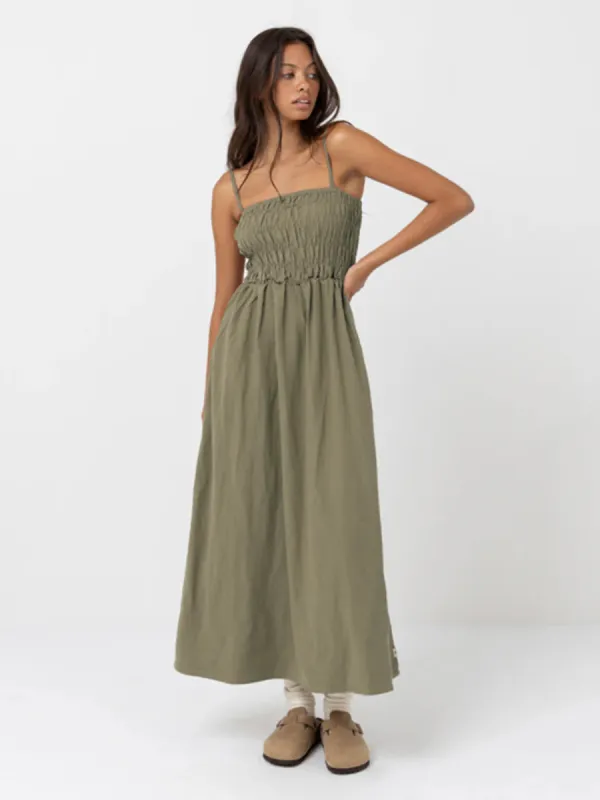 CLASSIC SHIRRED MIDI DRESS - OLIVE sold by OAK