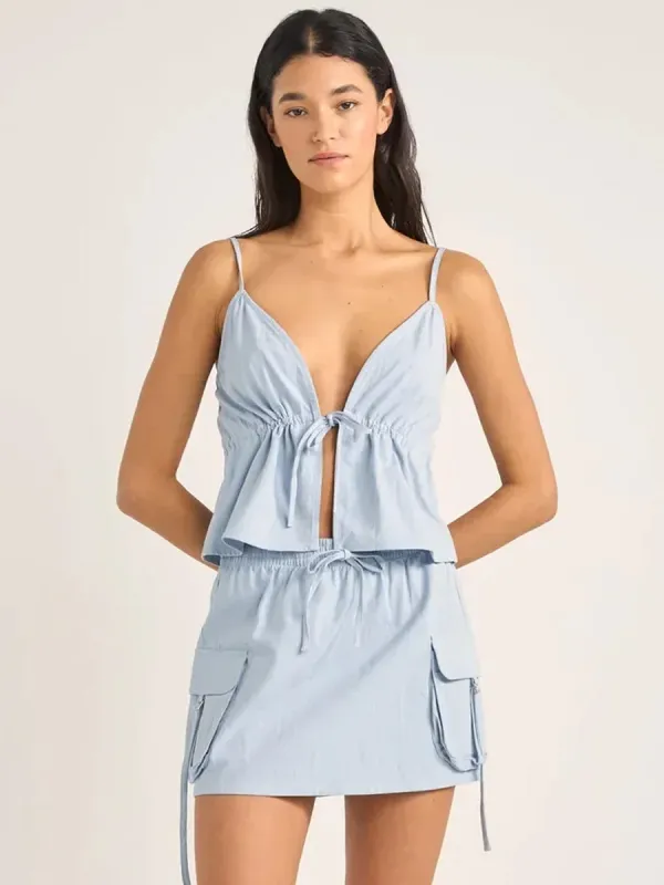 DOLLY RUFFLE TOP - DUSTY BLUE sold by OAK