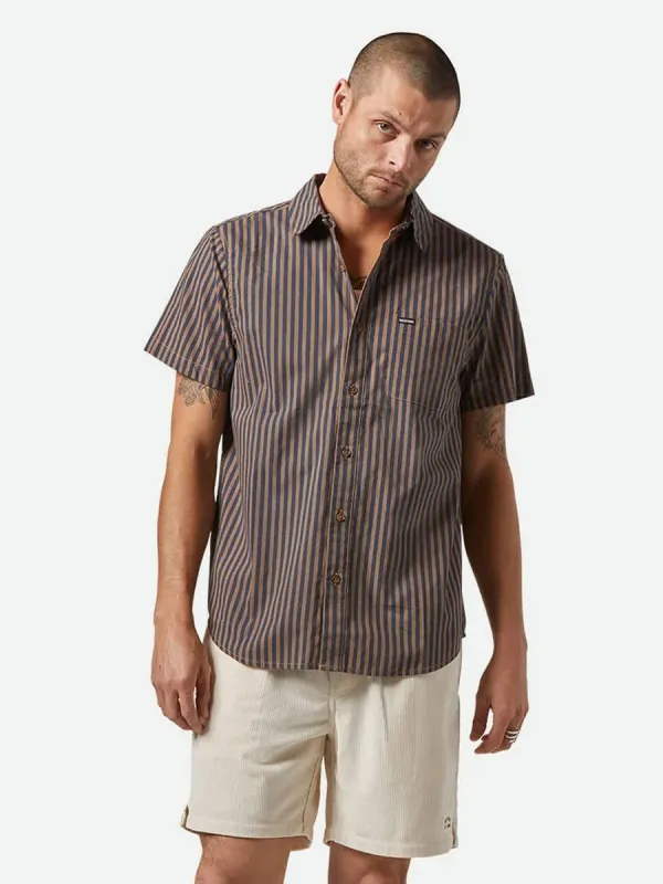 BRIXTON CHARTER PRINT SHORT-SLEEVE WOVEN SHIRT - WASHED BLUE/SUNNAKED STRIPE sold by OAK