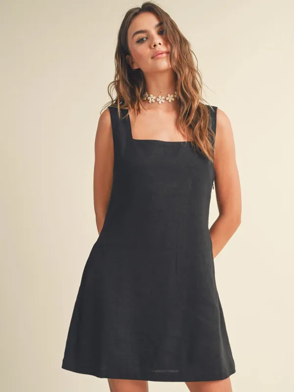 LINEN SQUARE NECK MINI DRESS - BLACK sold by OAK