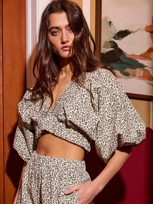 SMOCKED RUFFLE V-NECK CROPPED LEOPARD TOP sold by OAK