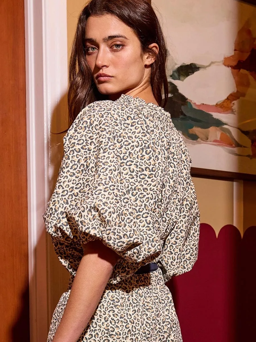 SMOCKED RUFFLE V-NECK CROPPED LEOPARD TOP sold by OAK product image thumbnail 2