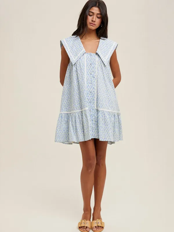 COLLARED FLORAL MINI DRESS - BLUE/WHITE sold by OAK
