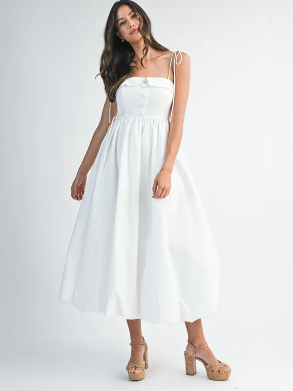 BUTTON DOWN FRONT BUBBLE HEM MIDI DRESS - WHITE sold by OAK