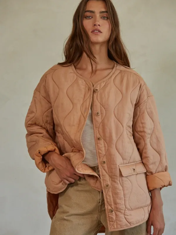 QUILTED BUTTON DOWN JACKET - WARM SALMON made by OAK