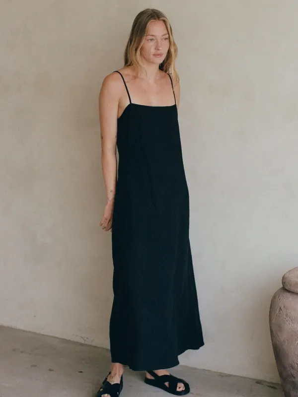 WOVEN 100% LINEN SPAGHETTI STRAP MAXI - BLACK sold by OAK