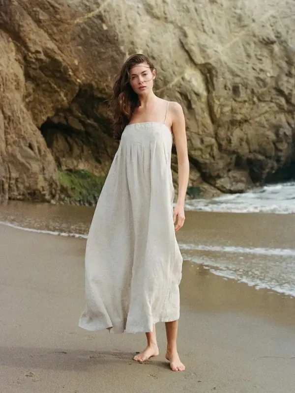 WOVEN 100% LINEN TUBE NECK FLARE MAXI DRESS - LINEN sold by OAK
