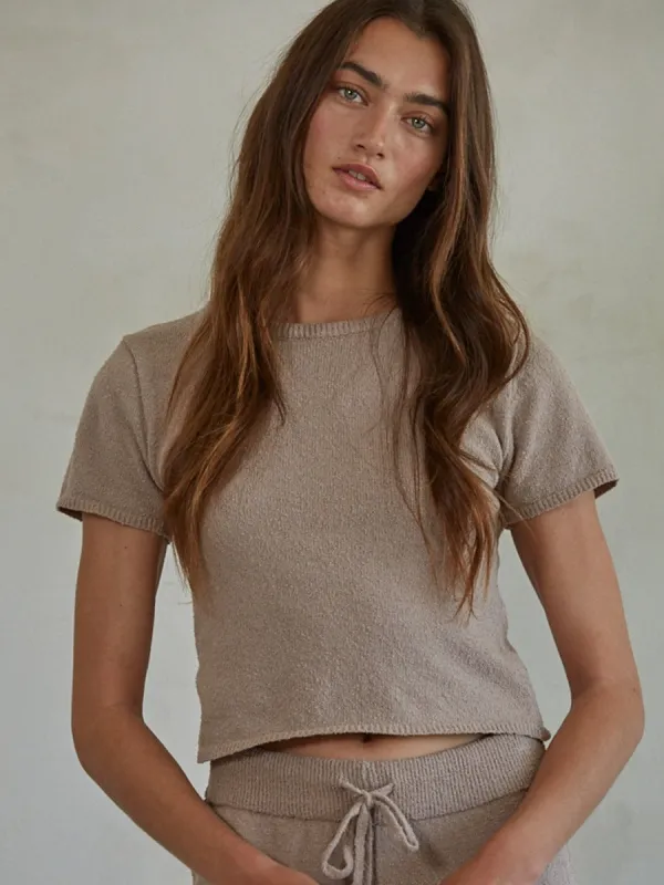 KNIT SWEATER SHORT SLEEVE CROP TOP - MOCHA sold by OAK