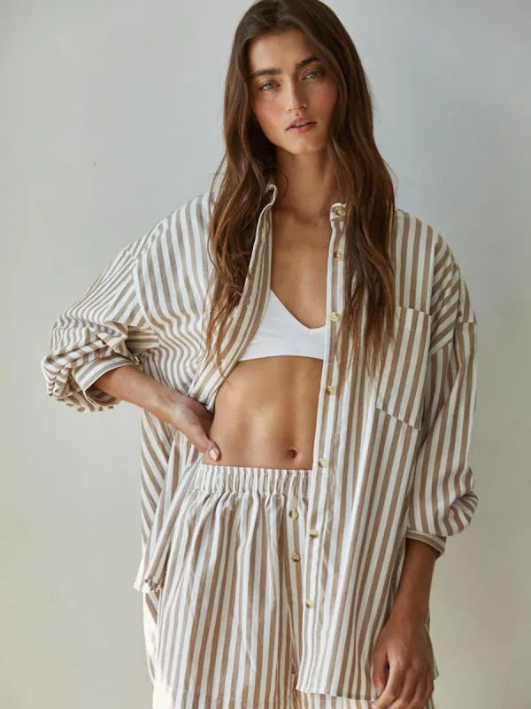 STRIPPED OVERSIZE BUTTON DOWN - IVORY/TAUPE sold by OAK