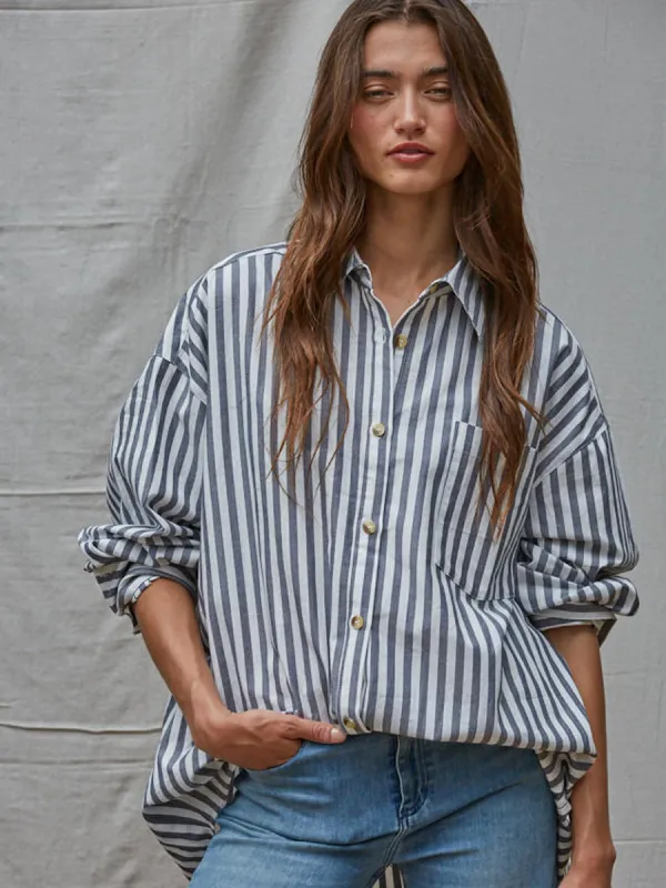 STRIPPED OVERSIZE BUTTON DOWN - IVORY/NAVY sold by OAK
