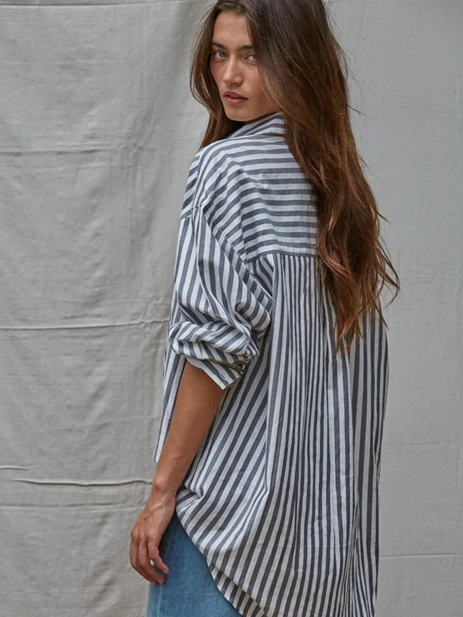 STRIPPED OVERSIZE BUTTON DOWN - IVORY/NAVY sold by OAK product image thumbnail 2