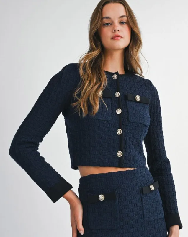KNITTED CROPPED CARDIGAN - NAVY sold by OAK