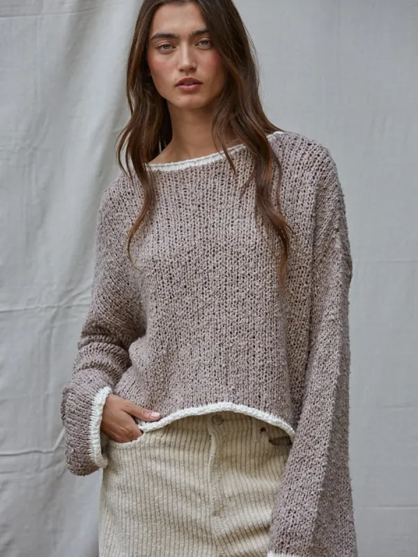 KNIT SWEATER PULLOVER WITH CONTRAST HEM - MOCHA/IVORY sold by OAK