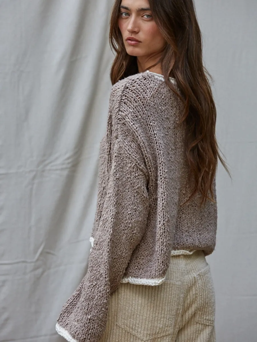KNIT SWEATER PULLOVER WITH CONTRAST HEM - MOCHA/IVORY sold by OAK product image thumbnail 2