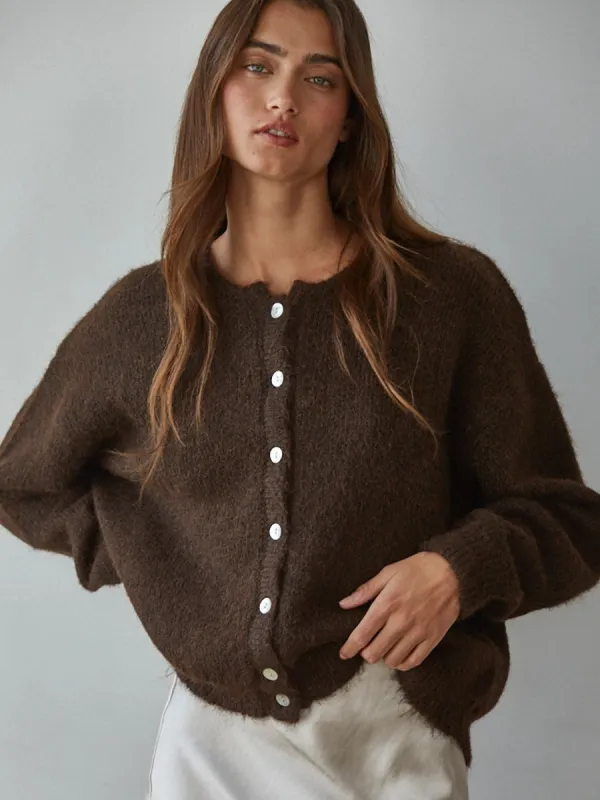 KNIT CREW NECK CARDIGAN - DARK CHOCOLATE sold by OAK