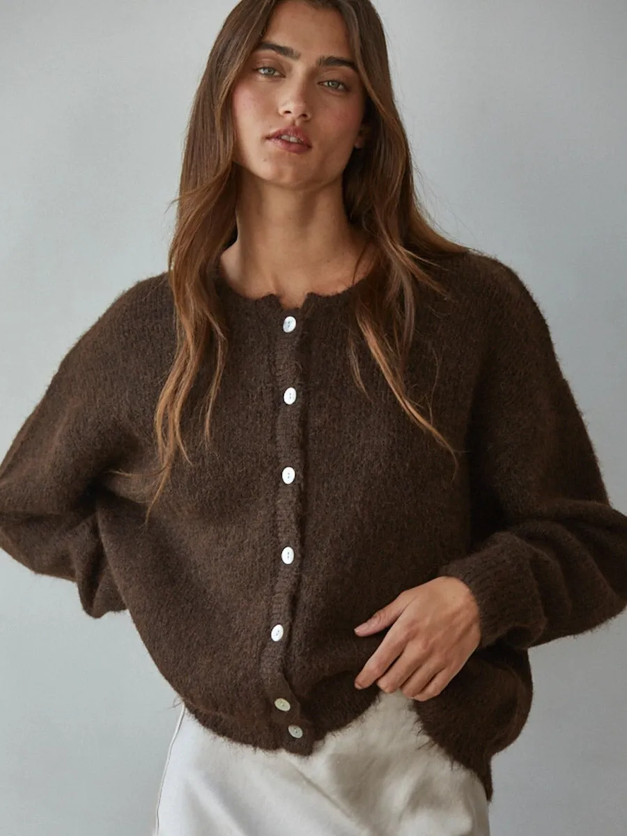 KNIT CREW NECK CARDIGAN - DARK CHOCOLATE sold by OAK