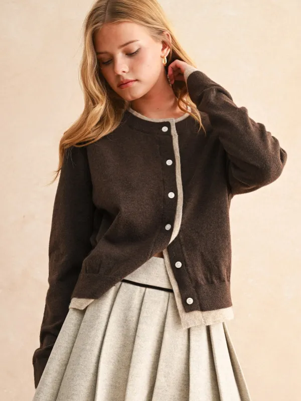 COLOR CONTRAST BUTTON FRONT CARDIGAN - BROWN/TAN sold by OAK