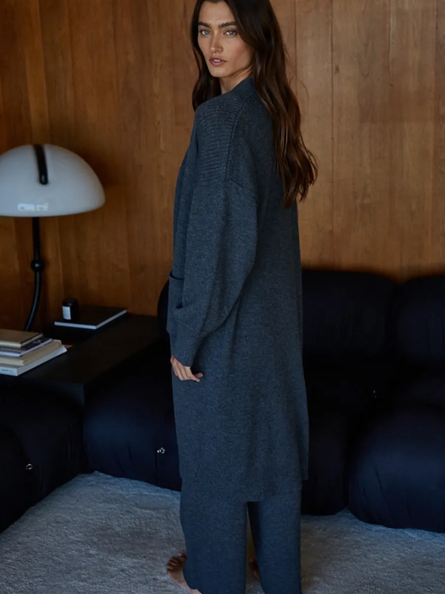 KNIT RIBBED OPEN FRONT LONT SLEEVE DUSTER SWEATER - CHARCOAL sold by OAK product image thumbnail 2