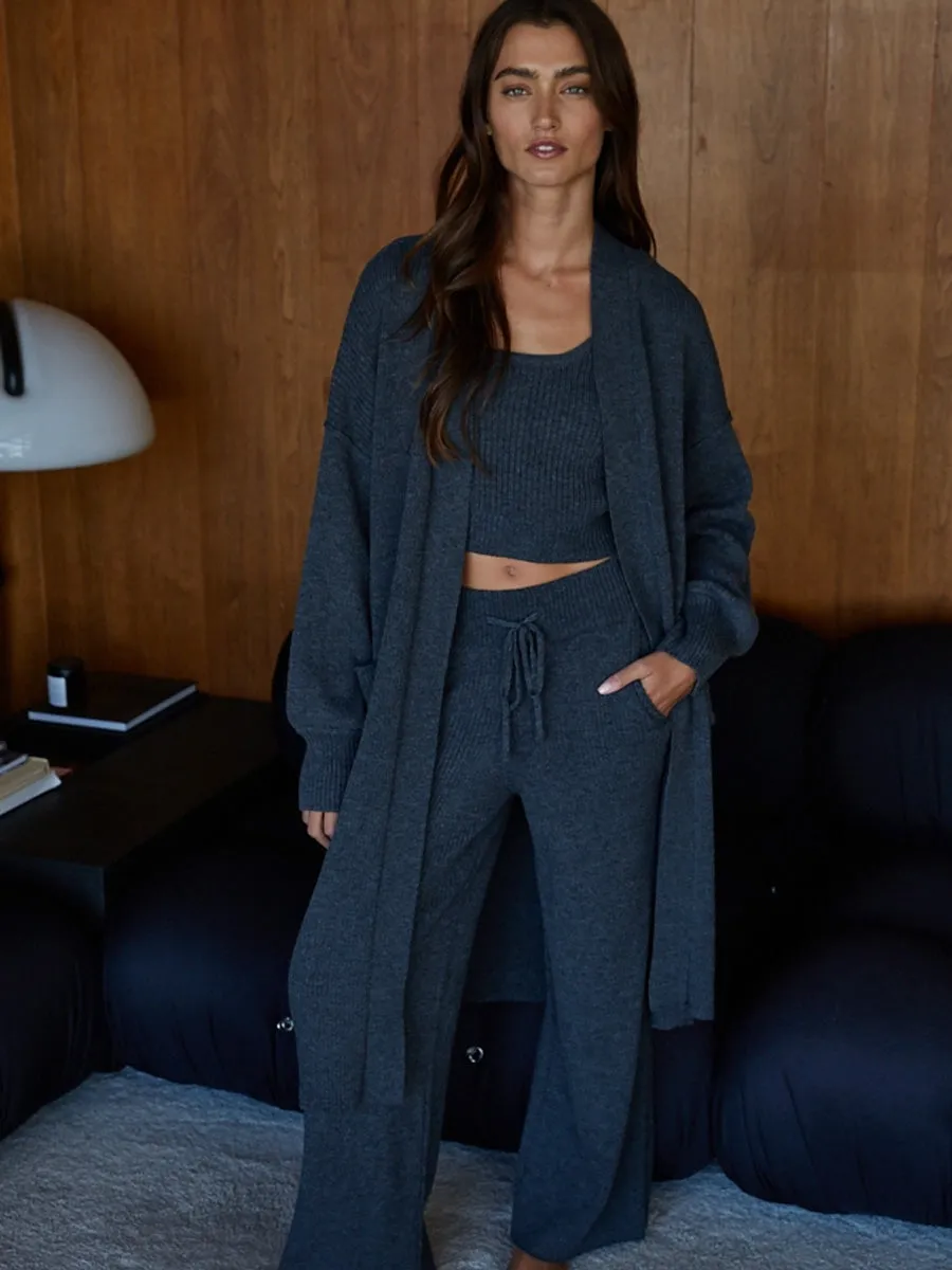 KNIT RIBBED OPEN FRONT LONT SLEEVE DUSTER SWEATER - CHARCOAL sold by OAK