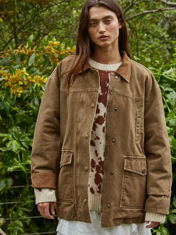 WOVEN COLLARED ZIP-FRONT BARN JACKET - OLIVE BROWN sold by OAK