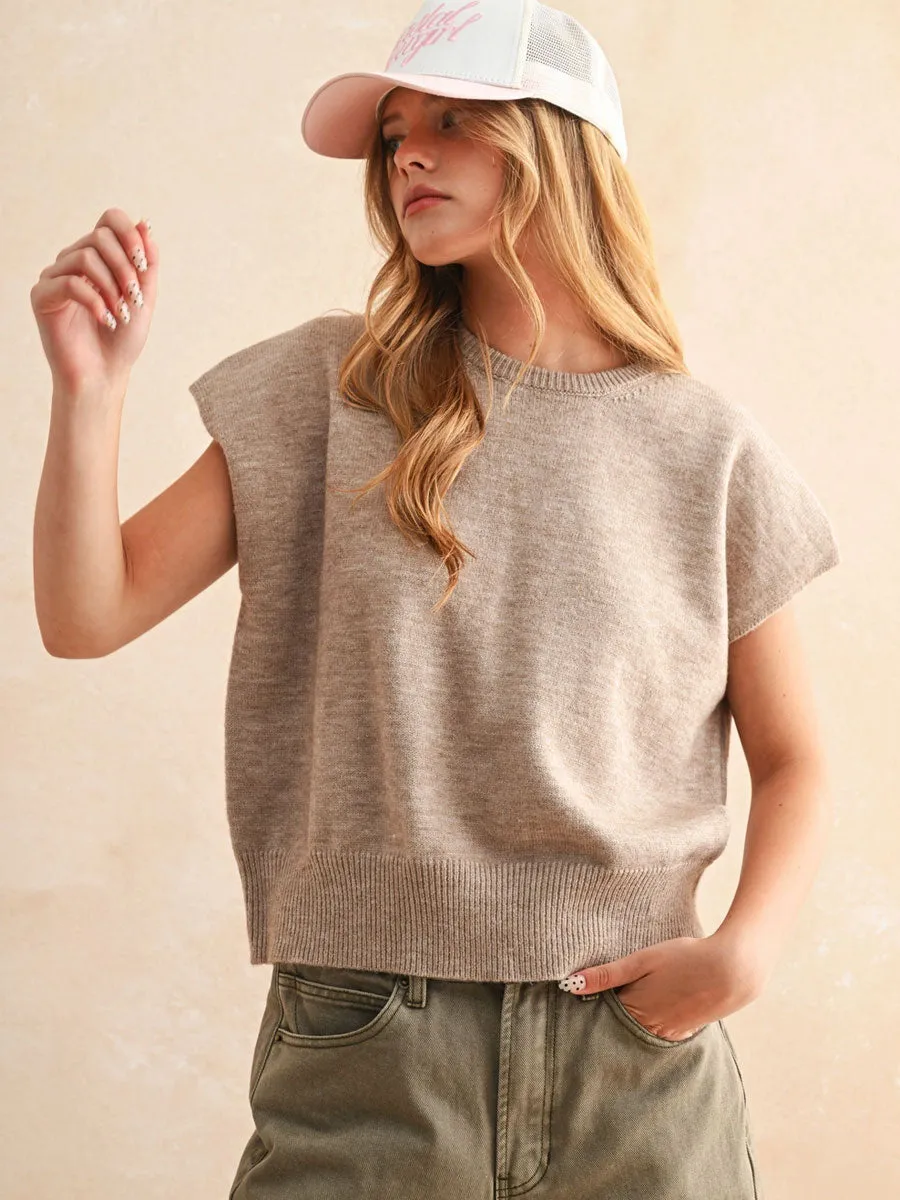 LOOSE FIT SHORT SLEEVE SWEATER - TAN sold by OAK