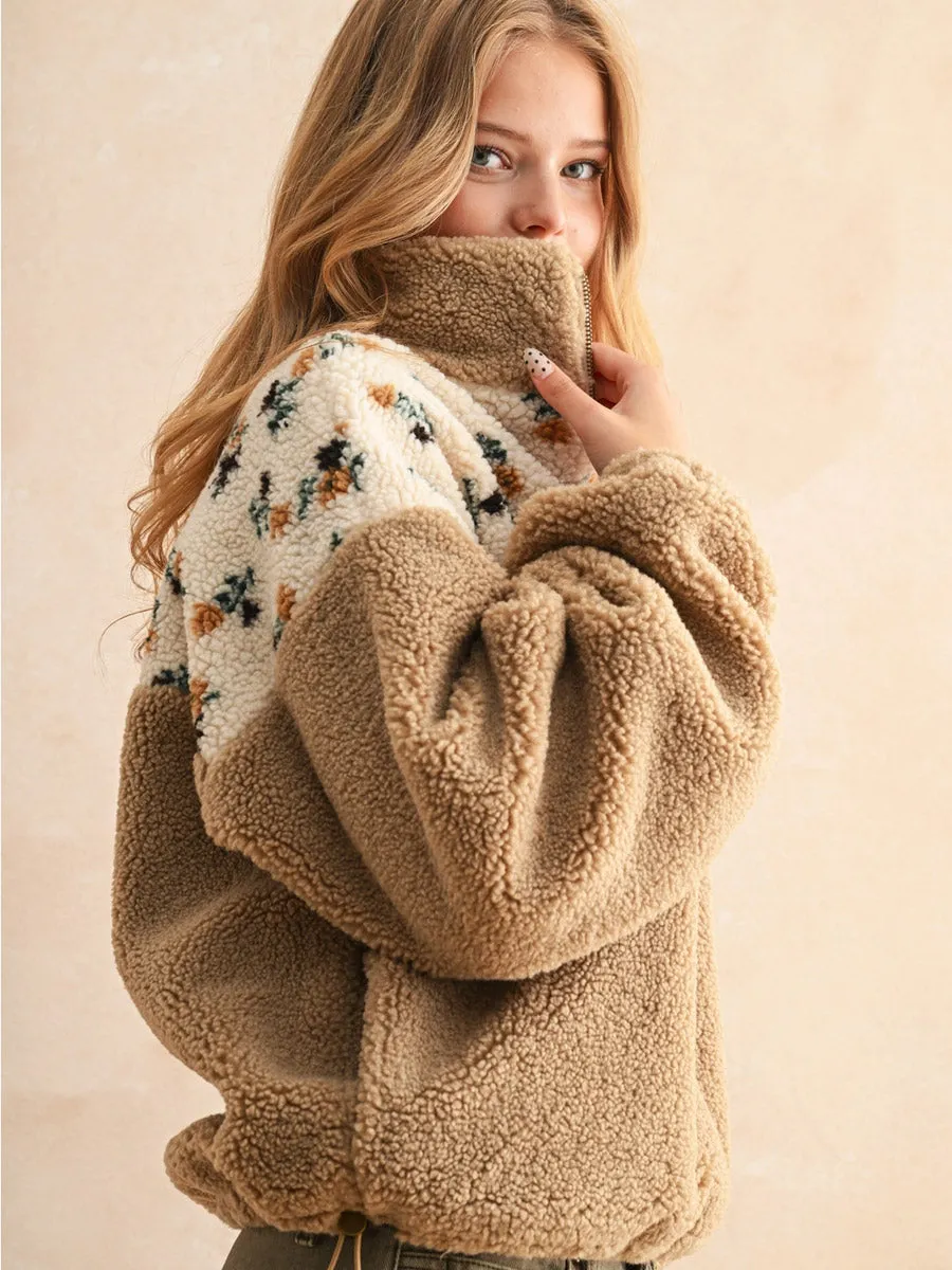 HALF ZIP FLORAL PRINT SHERPA PULLOVER - TAN sold by OAK product image thumbnail 3