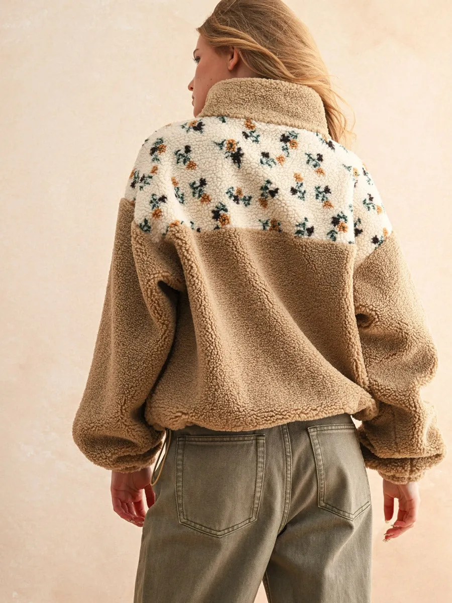 HALF ZIP FLORAL PRINT SHERPA PULLOVER - TAN sold by OAK product image thumbnail 2