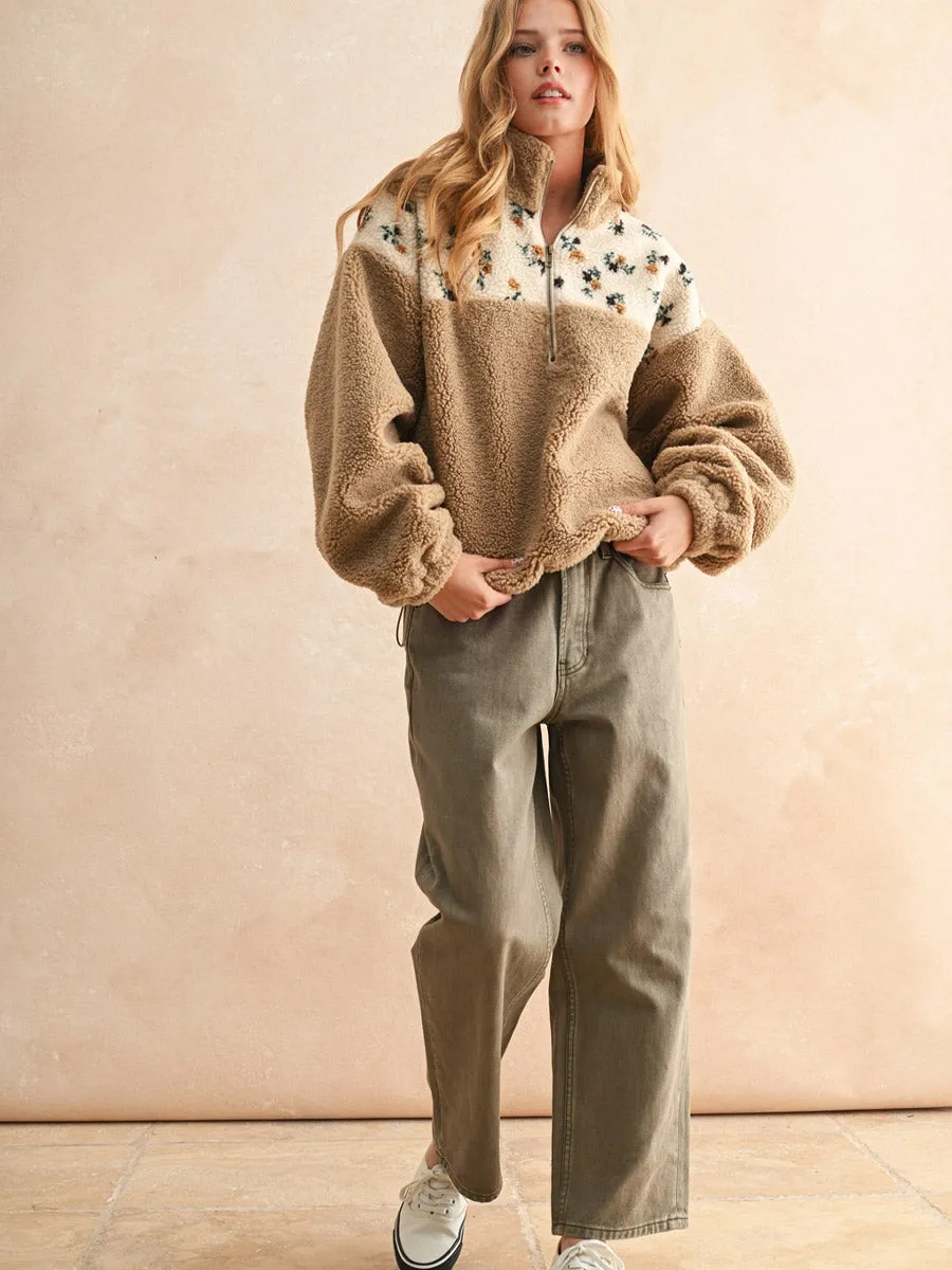 HALF ZIP FLORAL PRINT SHERPA PULLOVER - TAN sold by OAK product image thumbnail 4