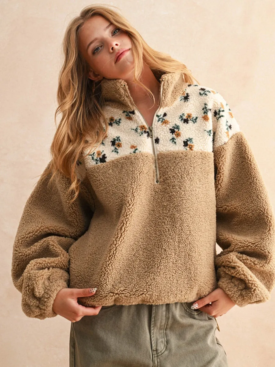 HALF ZIP FLORAL PRINT SHERPA PULLOVER - TAN sold by OAK