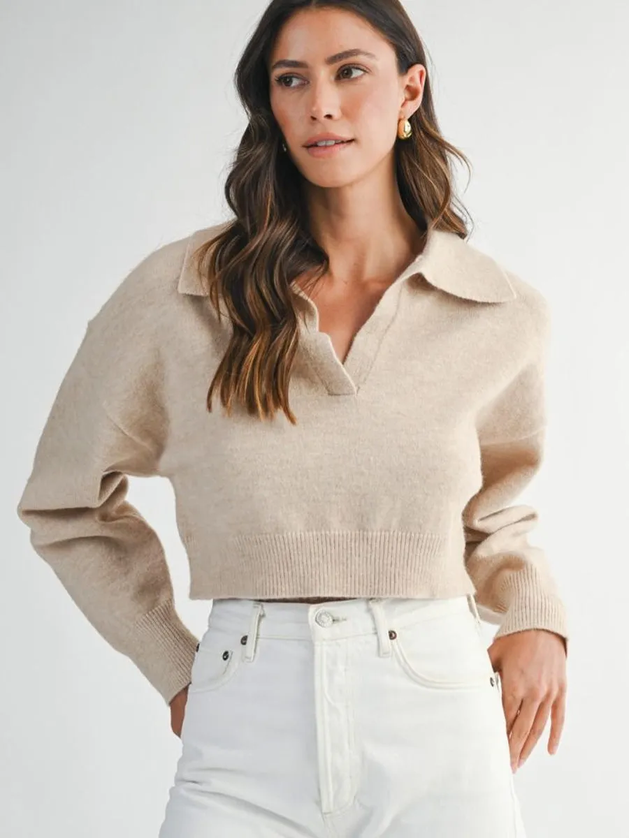 CROPPED COLLARED KNIT SWEATER - LIGHT TAUPE sold by OAK