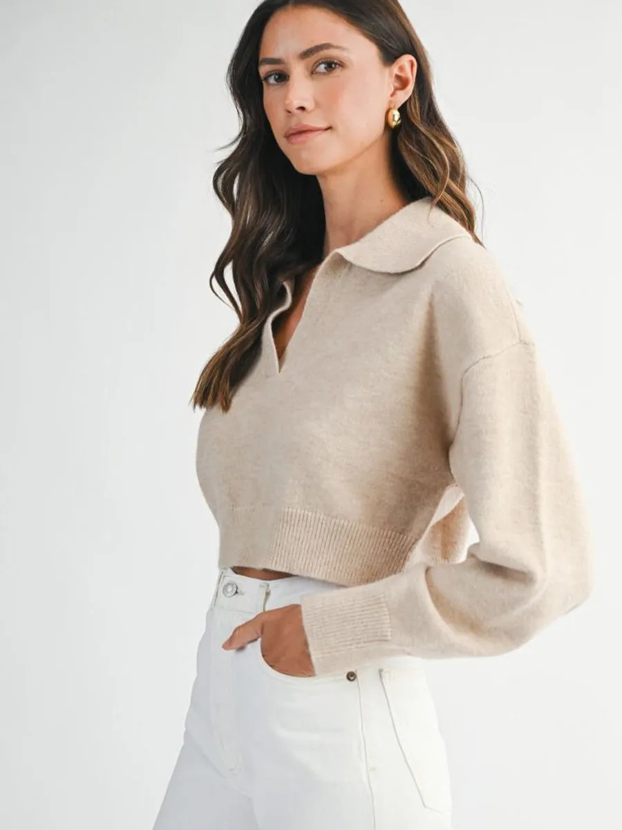 CROPPED COLLARED KNIT SWEATER - LIGHT TAUPE sold by OAK product image thumbnail 3