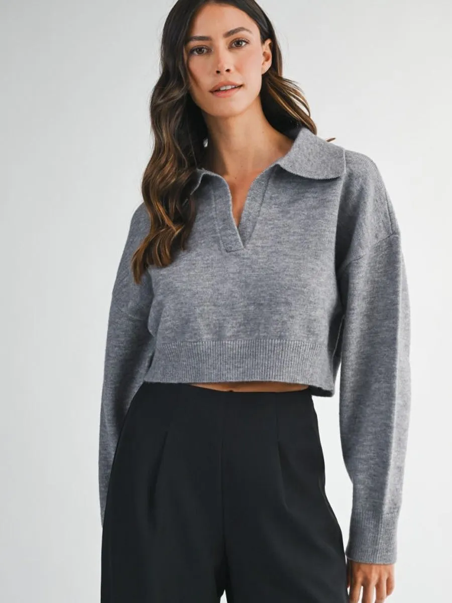 CROPPED COLLARED KNIT SWEATER - GREY sold by OAK
