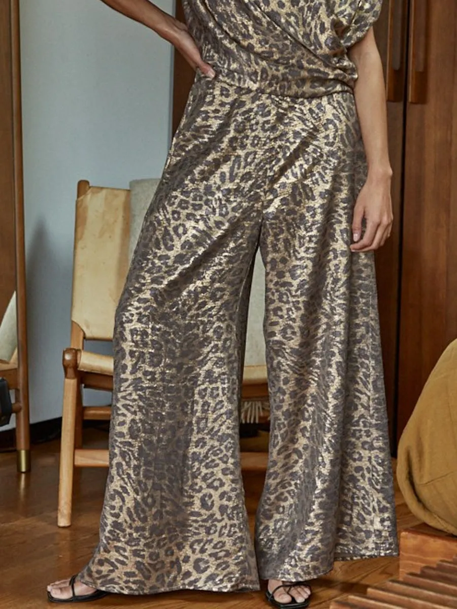 WOVEN SATIN ANIMAL PRINT PANT sold by OAK