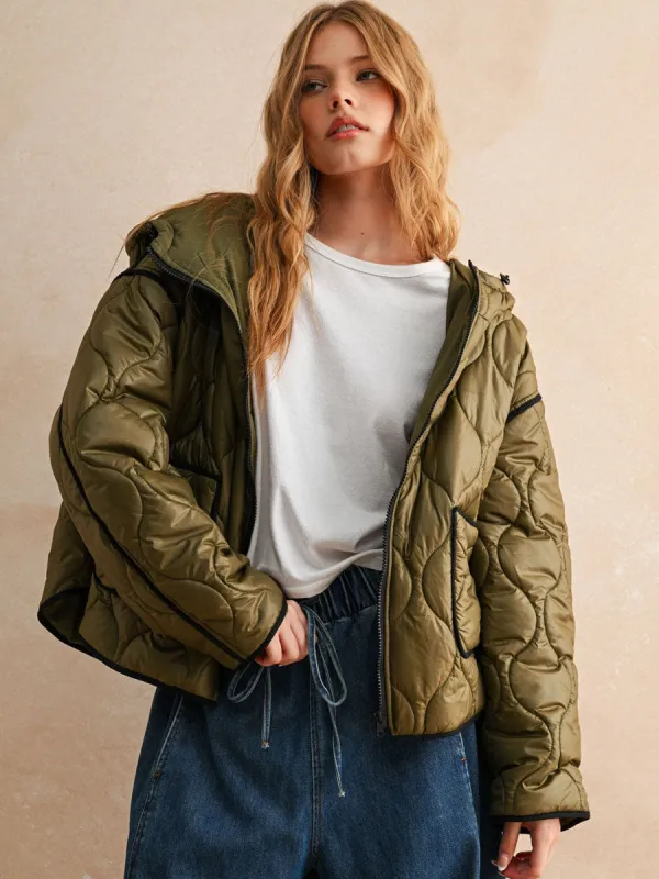 QUILTED JACKET WITH HOOD - OLIVE sold by OAK