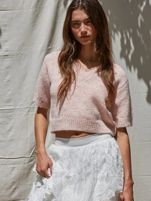 KNIT SHORT SLEEVE V-NECK SWEATER - LIGHT PINK SPECKLE sold by OAK