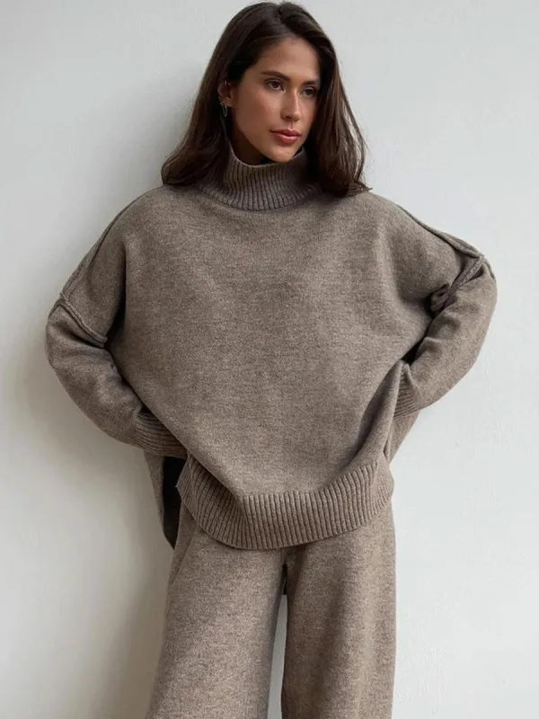 KNIT SIDE SLIT TURTLENECK SWEATER - DARK KHAKI sold by OAK
