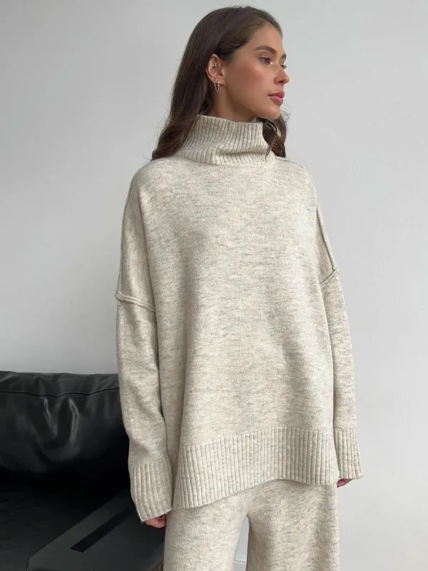 KNIT SIDE SLIT TURTLENECK SWEATER - LIGHT KHAKI sold by OAK