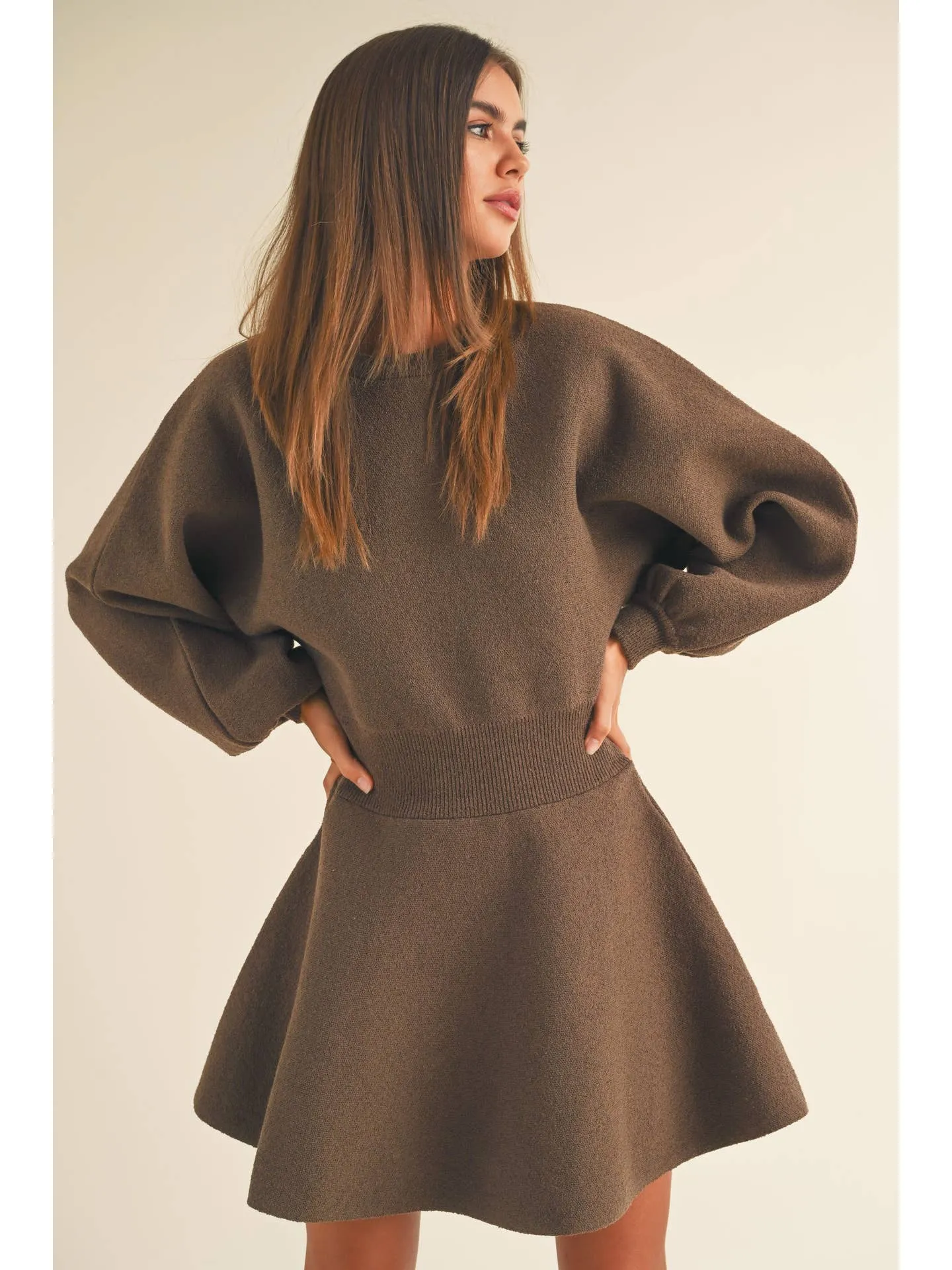 BALLOON SLEEVE SWEATER DRESS - BROWN sold by OAK