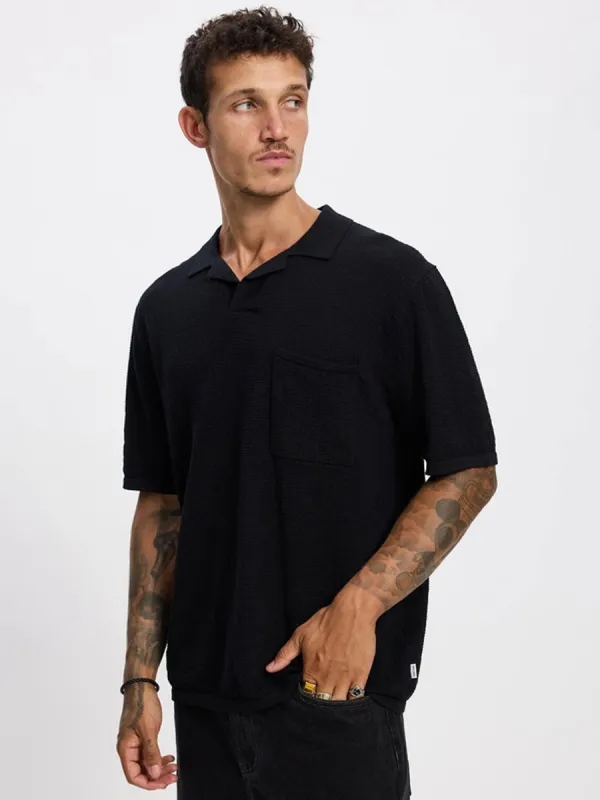 TEXTURED KNIT WHIP STITCH POLO - BLACK made by Rhythm.