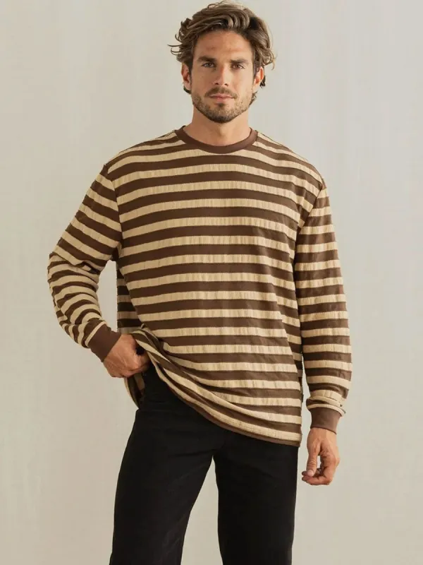 TEXTURED STRIPE LONG-SLEEVE T-SHIRT - BROWN sold by OAK