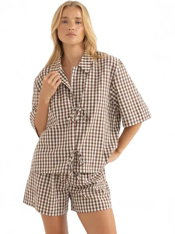 RHYTHM BIRDIE GINGHAM TIE FRONT TOP - BROWN made by Rhythm.