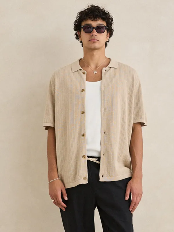 RHYTHM TEXTURED KNIT SHORT-SLEEVE SHIRT - STONE made by Rhythm.
