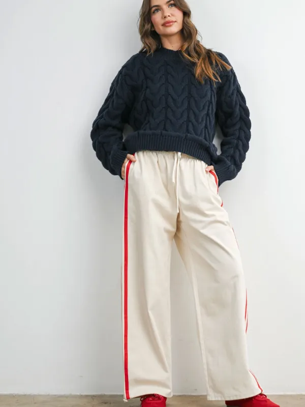 STRIPED WIDE LEG DRAWSTRING TRACK PANTS - IVORY RED sold by OAK