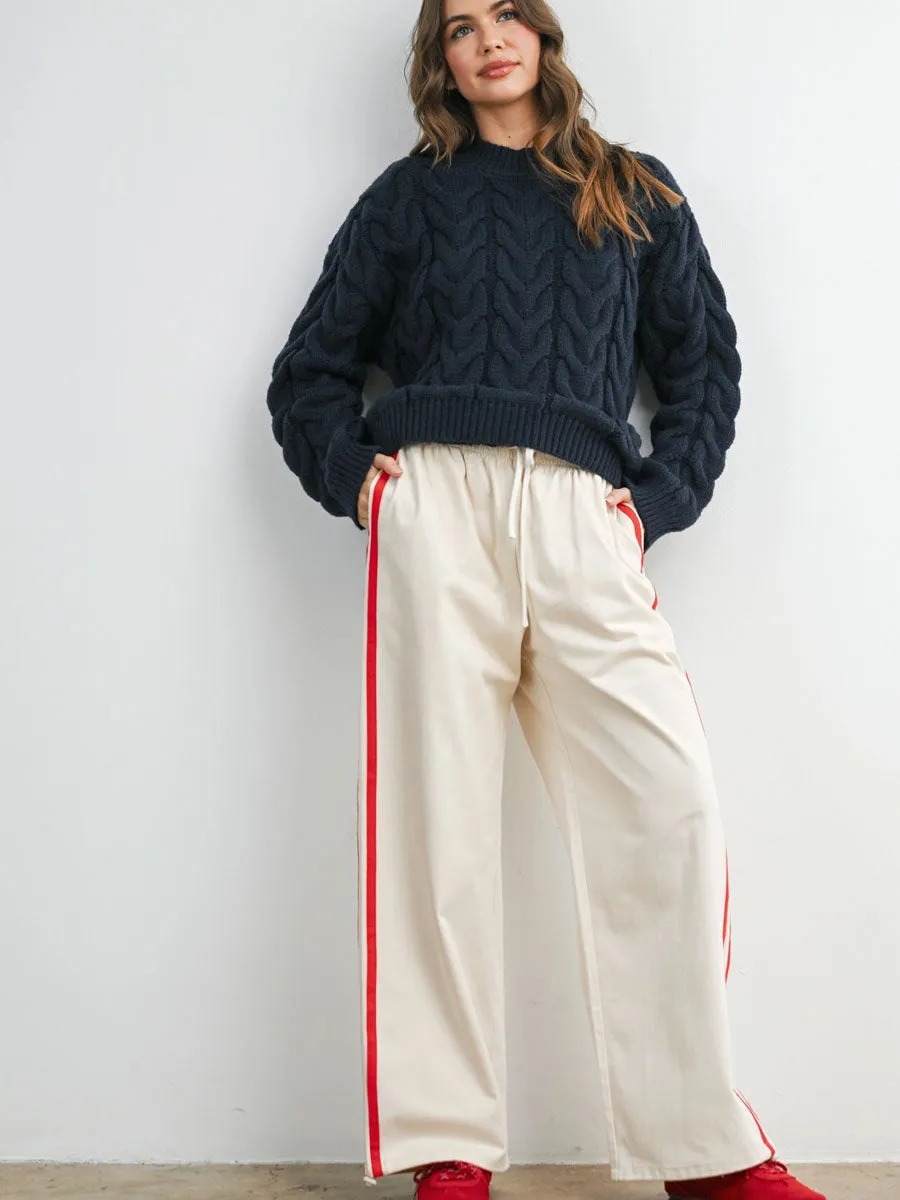 STRIPED WIDE LEG DRAWSTRING TRACK PANTS - IVORY RED sold by OAK