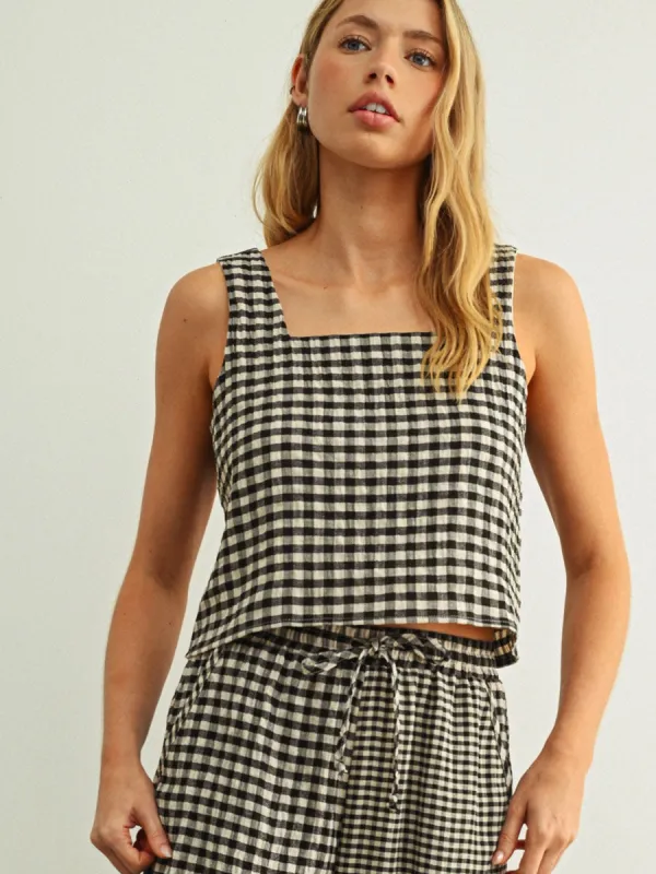 MIXED GINGHAM SQUARE SLEEVELESS TOP - BLACK/CREAM made by OAK