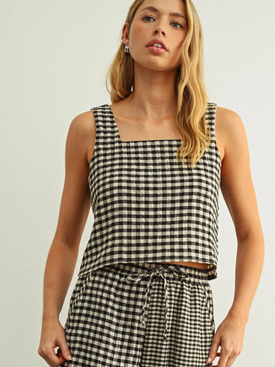 MIXED GINGHAM SQUARE SLEEVELESS TOP - BLACK/CREAM sold by OAK